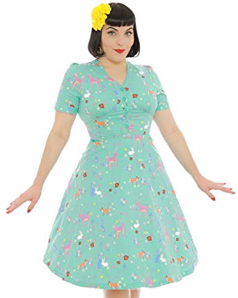 LINDY BOP IONIA AQUA GREEN FOREST ANIMAL PRINT DRESS SIZE 10