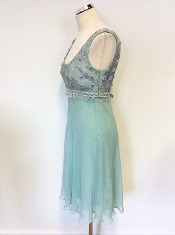 MONSOON LIGHT GREEN SILK BEADED & EMBROIDERED SPECIAL OCCASION DRESS SIZE 12