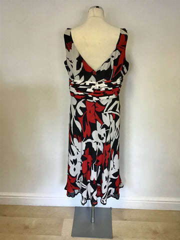 JAEGER BLACK,RED & WHITE FLORAL PRINT SILK SPECIAL OCCASION DRESS SIZE 16