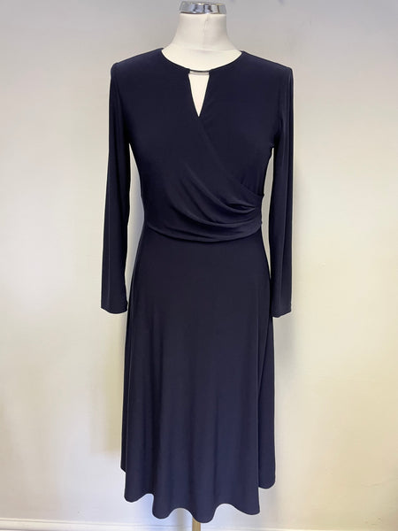 DKNY NAVY BLUE WRAP OVER TOP 3/4 SLEEVE A LINE DRESS SIZE 4 UK 8