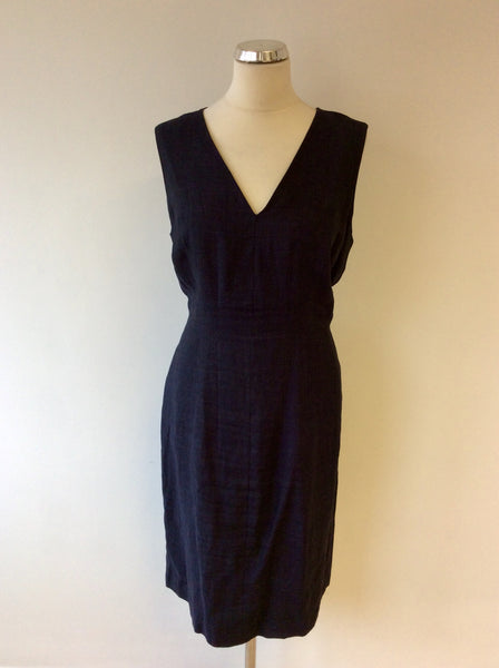 HOBBS DARK BLUE LINEN V NECK SLEEVELESS DRESS SIZE 14