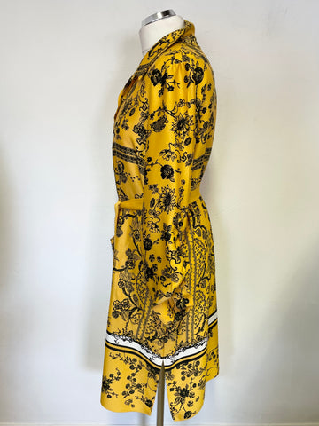 ZARA WOMAN MUSTARD YELLOW & BLACK FLORAL PRINT BELTED SHIRT DRESS SIZE XL