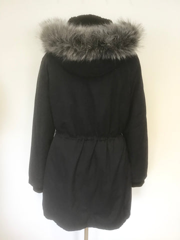 JIGSAW DARK BLUE HOODED FAUX FUR TRIM PARKA JACKET SIZE 16