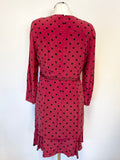 WHISTLES DARK RED & BLACK SPOT SILK 3/4 SLEEVE BELTED TIERED HEM DRESS SIZE 12
