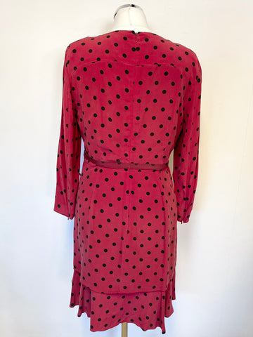 WHISTLES DARK RED & BLACK SPOT SILK 3/4 SLEEVE BELTED TIERED HEM DRESS SIZE 12
