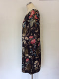 MONSOON BLACK FLORAL PRINT GOLD SEQUIN TRIM SHIFT DRESS SIZE 14