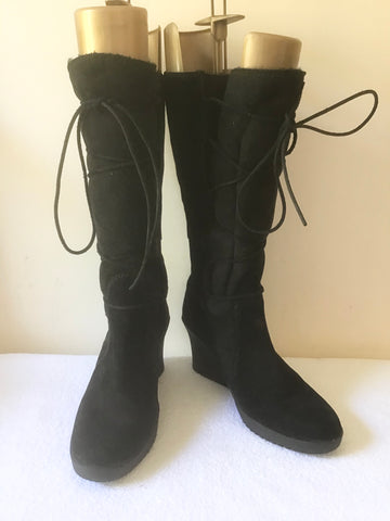 BRAND NEW UGG ELSEY BLACK SUEDE LACE UP WEDGE HEEL BOOTS SIZE 6.5/39
