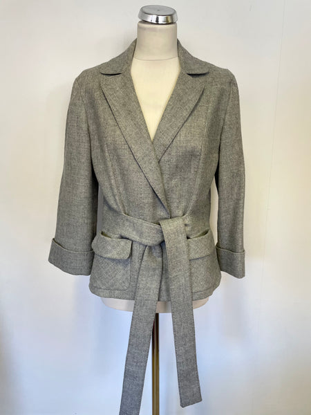WHISTLES LIGHT GREY 100% WOOL 3/4 SLEEVE TIE BELT JACKET SIZE 14