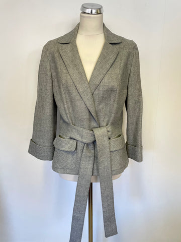 WHISTLES LIGHT GREY 100% WOOL 3/4 SLEEVE TIE BELT JACKET SIZE 14