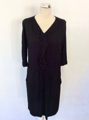 JIGSAW BLACK FRILL TRIM DRAWSTRING TIE WAIST 3/4 SLEEVE DRESS SIZE 12