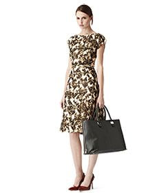 REISS BLACK,CREAM & GOLD PRINT CAP SLEEVE FIT & FLARE DRESS SIZE 14