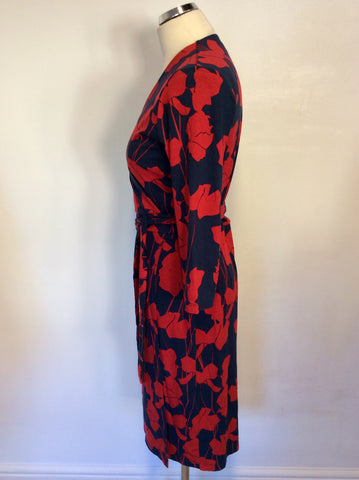 HOBBS NAVY BLUE & RED PRINT WRAP DRESS SIZE 12