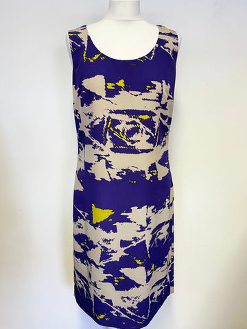 JAEGER PURPLE,CREAM & YELLOW PRINT SLEEVELESS SHIFT DRESS SIZE 10