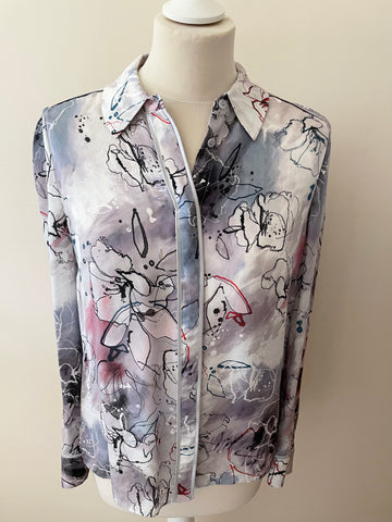 REISS MIA GREY & MAUVE HUES FLORAL PRINT LONG SLEEVE SILK SHIRT SIZE M