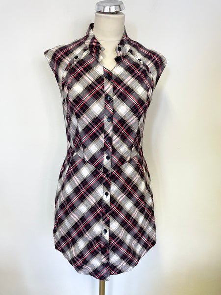 TED BAKER RED , WHITE & BLUE TARTAN CHECK COTTON SLEEVELESS DRESS SIZE 3 UK 12