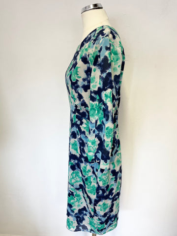 WHISTLES GREEN,IVORY & BLUE SILK REAR ZIP FEATURE 3/4 SLEEVE PENCIL DRESS SIZE 12