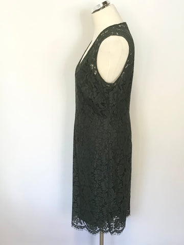 JIGSAW BOTTLE GREEN LACE SLEEVELESS PENCIL DRESS SIZE 14