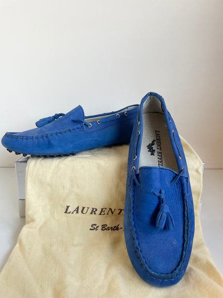 LAURENT EFFEL ST BARTH ROYAL BLUE MOLESKIN LEATHER FLAT LOAFERS SIZE 6/39