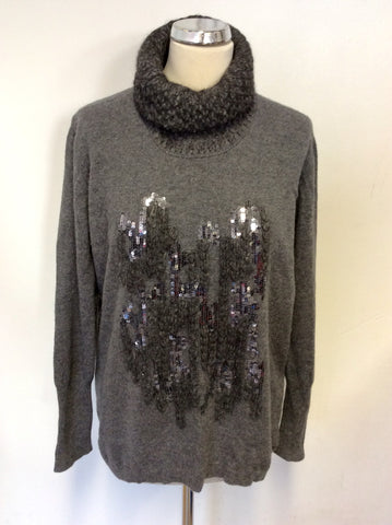 MADELEINE GREY WOOL & CASHMERE BLEND SEQUIN TRIM POLO NECK JUMPER SIZE 16/18