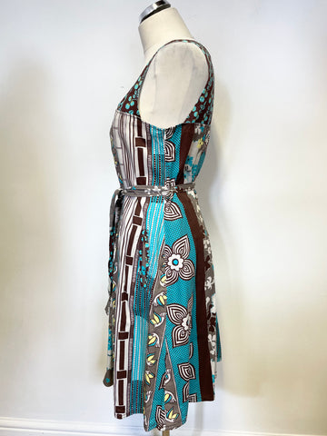 KENZO BROWN & TURQUOISE PRINT SLEEVELESS COTTON FIT & FLARE DRESS SIZE 42 UK 12