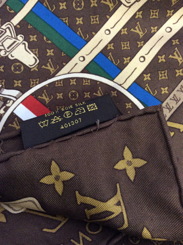 LOUIS VUITTON BROWN MONOGRAM TRUNK PRINT SILK SCARF IN BOX
