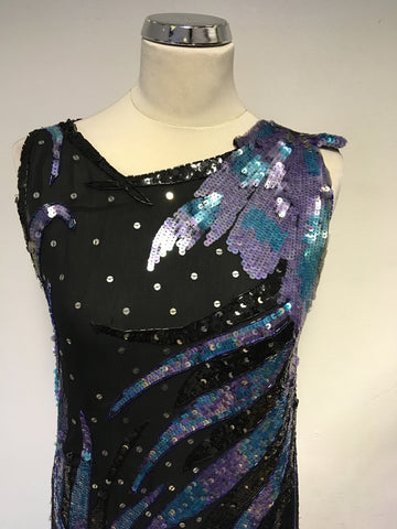 SERENADE BLACK SILK WITH PURPLE & GREEN SEQUINS COCKTAIL DRESS SIZE M