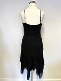 KAREN MILLEN BLACK SILK WITH EMERALD & DIAMANTE TRIM STRAPPY HANDKERCHIEF HEM DRESS SIZE 10