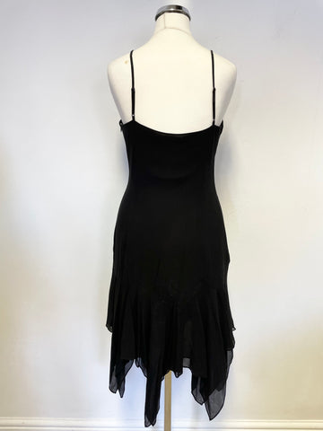 KAREN MILLEN BLACK SILK WITH EMERALD & DIAMANTE TRIM STRAPPY HANDKERCHIEF HEM DRESS SIZE 10