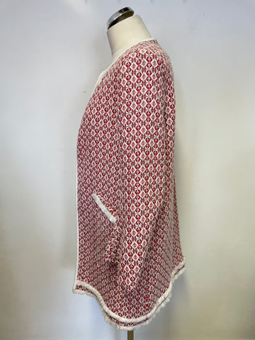 ZARA BASIC RED & WHITE DIAMOND WEAVE COLLARLESS FRINGED EDGE SHORT COAT SIZE XL