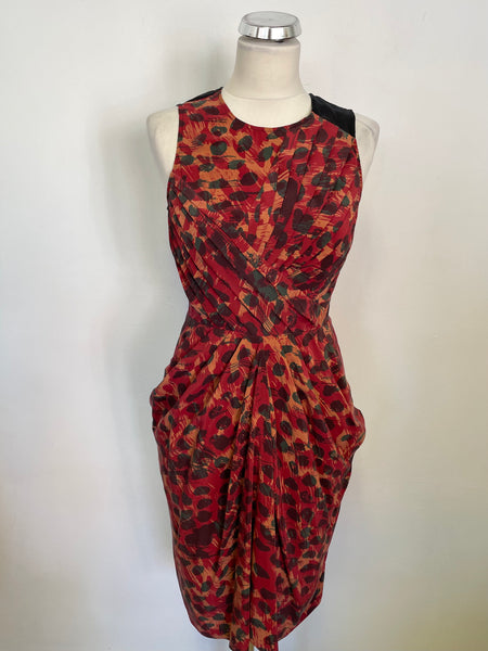 WHISTLES RED, CORAL & GREEN PRINT SILK SLEEVELESS DRESS SIZE 6