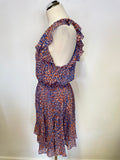 WHISTLES BLUE & ORANGE PRINT SILK FRILL TRIM DRESS SIZE 14