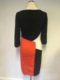 FENN WRIGHT MANSON BLACK,WHITE & ORANGE COLOUR BLOCK DRESS SIZE 10