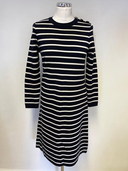 BRAND NEW JAEGER NAVY BLUE & WHITE STRIPE LONG SLEEVE KNIT DRESS SIZE S