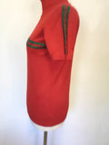 KAZEE GOLD LABEL RED & GREEN BEADED STRIPE SHORT SLEEVE POLO NECK JUMPER SIZE M
