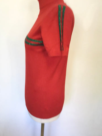KAZEE GOLD LABEL RED & GREEN BEADED STRIPE SHORT SLEEVE POLO NECK JUMPER SIZE M