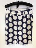 HOBBS NAVY BLUE & WHITE SPOT BELTED COTTON & SILK BLEND SKIRT SIZE 12