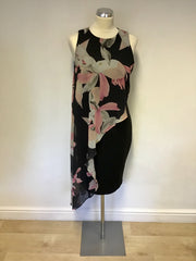 COAST BLACK STRETCH PENCIL DRESS WITH FLORAL PRINT ASYMMETRIC OVERLAY SIZE 12