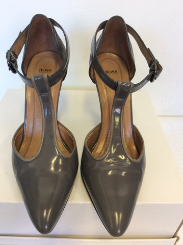 HUGO BOSS GREY LEATHER T BAR HEELS SIZE 6/39