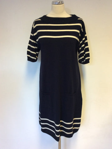 JIGSAW NAVY BLUE & WHITE STRIPE SHORT SLEEVE WOOL KNIT DRESS SIZE L