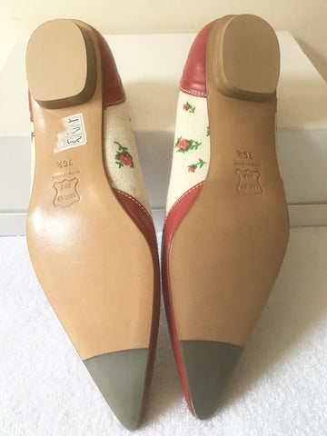 BRAND NEW LK BENNETT RED LEATHER & CREAM FLORAL CANVAS PRINT FLATS SIZE 3.5/ 36.5