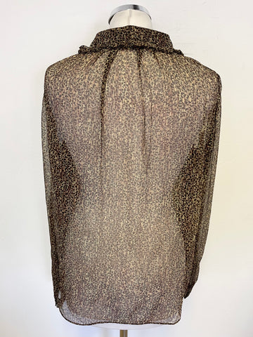 JIGSAW 100% SILK BROWN PRINT COLLARED LONG SLEEVED BLOUSE SIZE 12