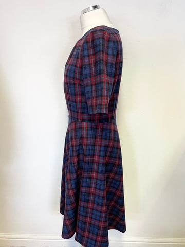 BODEN BRITISH TWEED BY MOON RED & BLUE TARTAN SHORT SLEEVED FIT & FLARE DRESS SIZE 12L