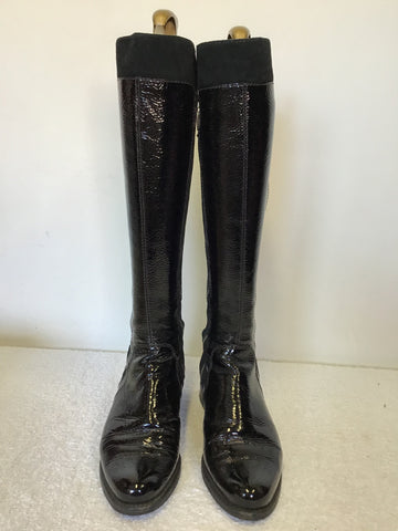 DUNE BLACK PATENT LEATHER & SUEDE ZIP TRIM KNEE LENGTH BOOTS SIZE 5/38