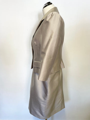 HOBBS INVITATION OYSTER BEIGE WITH WHITE CROCHET LACE TRIM PENCIL DRESS & JACKET SUIT SIZE 14