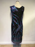 SERENADE BLACK SILK WITH PURPLE & GREEN SEQUINS COCKTAIL DRESS SIZE M