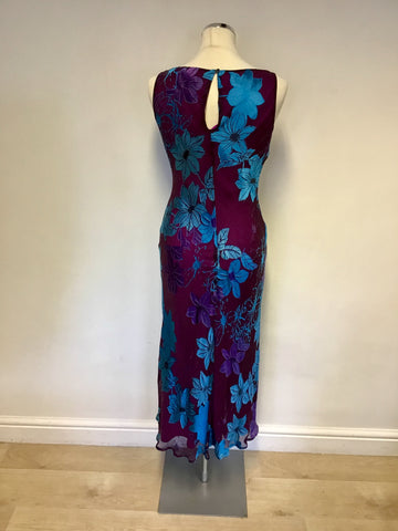 MONSOON BURGUNDY & TURQUOISE FLORAL PRINT SILK BLEND DRESS SIZE 10