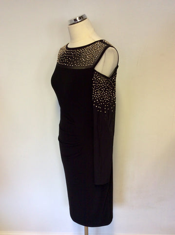 BRAND NEW JOSEPH RIBKOFF BLACK WITH SILVER BEADED MESH COLD SHOULDER COCKTAIL DRESS SIZE 10