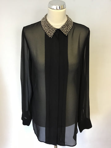 MARKS & SPENCER BLACK SILVER BEADED COLLAR BLOUSE SIZE 14