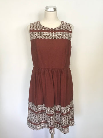 HOBBS NW3 TERRACOTTA & WHITE EMBROIDERED SLEEVELESS FIT & FLARE DRESS SIZE 12
