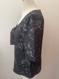 NICOLE FARHI 100% SILK BLACK & GREY FLORAL PRINT SHORT SLEEVED TOP SIZE M